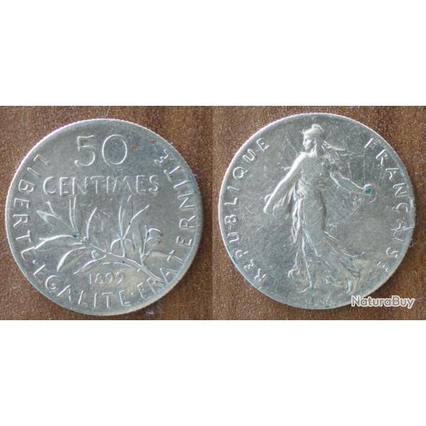 France 50 Centimes 1899 Piece Argent Semeuse Centime de Franc