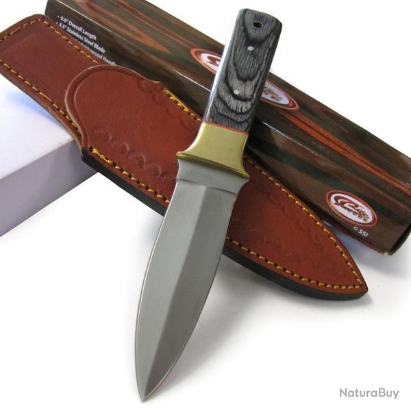 Poignard Couteau de Botte Boot Knife Lame Dague Acier Inox Manche Bois Etui Cuir