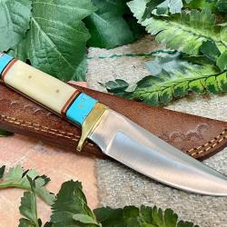 Couteau Skinner Daylight Hunter Lame Acier Inoxydable Manche Os & R&eacute;sine Turquoise Etui Cuir