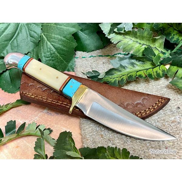 Couteau Skinner Daylight Hunter Lame Acier Inoxydable Manche Os & R�sine Turquoise Etui Cuir
