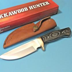 Couteau de Chasse Bushcraft Lame Acier Carbone 1055 Manche Bois Etui Cuir