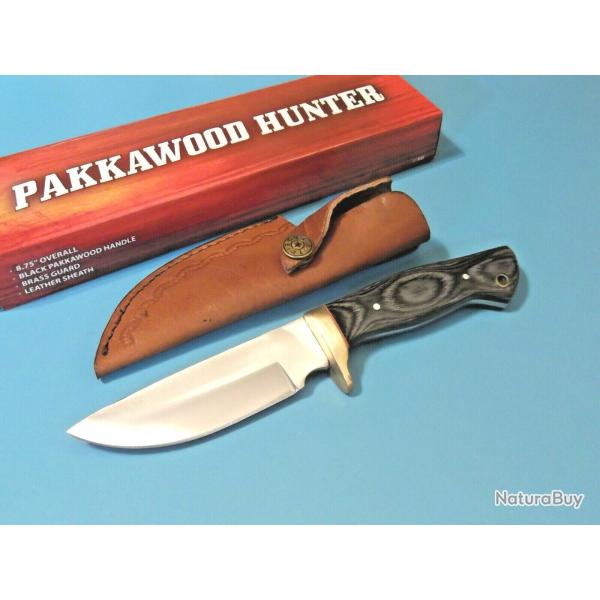 Couteau de Chasse Bushcraft Lame Acier Carbone 1055 Manche Bois Etui Cuir