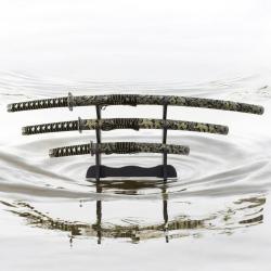 Set de 3 Katanas en Acier Wakizashi Tanto Dragon Noir et Dor&eacute;