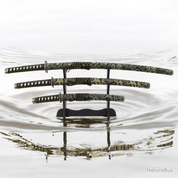 Set de 3 Katanas en Acier Wakizashi Tanto Dragon Noir et Dor�
