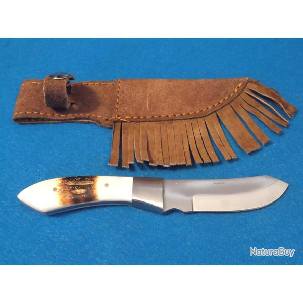 Couteau Ole Smoky Lame Acier Inox Satin Manche Os brul� fa�on Corne | Housse Cuir Style Trappeur