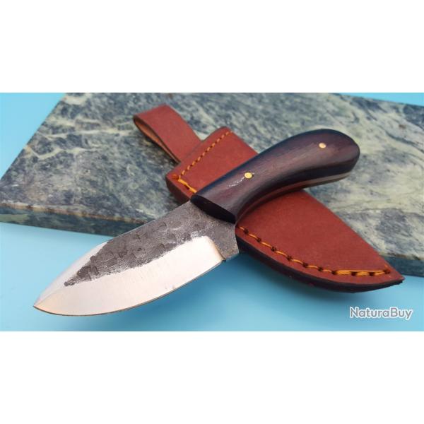 Couteau de Chasse Skinner Lame Acier Carbone 1055 Manche Micarta Etui Cuir