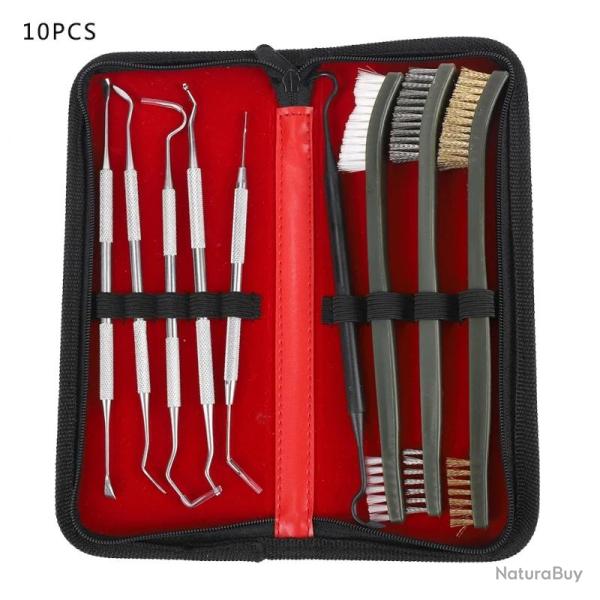 KIT DE NETTOYAGE TOUS CALIBRES - 3 BROSSES LAITON/ACIER/NYLON ET 6 CROCHETS