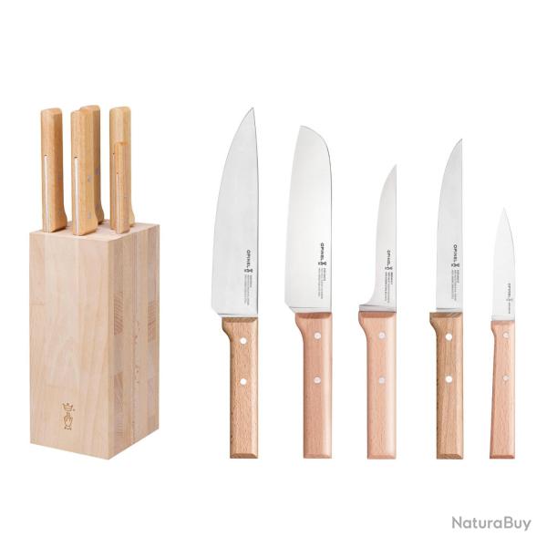 Opinel Bloc Parall�le Viande - 5 couteaux de cuisine en h�tre