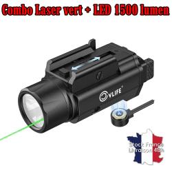 Combo lampe LED 1500 Lumen et pointeur laser vert int&eacute;gr&eacute; picatinny r&eacute;glable - Stock France