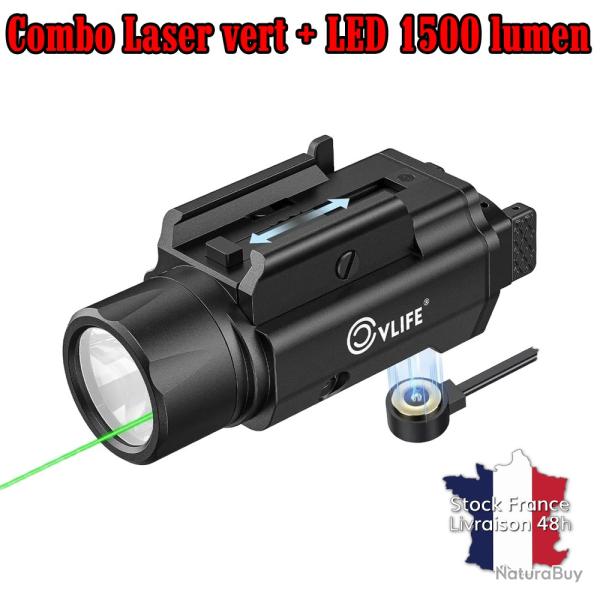 Combo lampe LED 1500 Lumen et pointeur laser vert int�gr� picatinny r�glable - Stock France