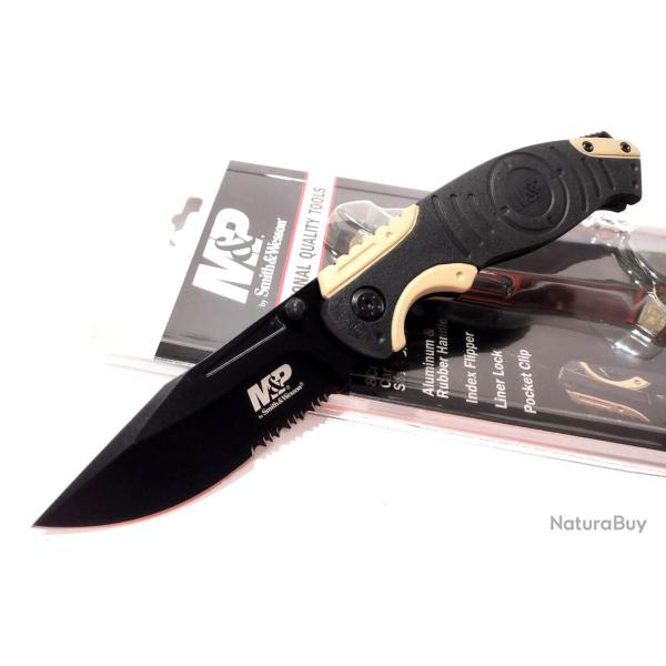 Couteau Smith&Wesson M&P Lame Acier 8Cr13Mov Serr Manche Aluminium Black&Gold Linerlock Clip P13BS