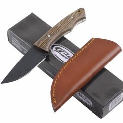 Couteau Bushcraft Blacksmith Skinner Lame Acier Carbone 1055 Black Manche Brown Bois Housse Cuir