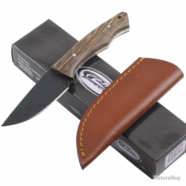 Couteau Bushcraft Blacksmith Skinner Lame Acier Carbone 1055 Black Manche Brown Bois Housse Cuir