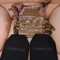 ENCHERE GILET PORTE PLAQUES CAMO MULTICAM AVEC PLAQUES BALISTIQUE KEVLAR NIJ 3A