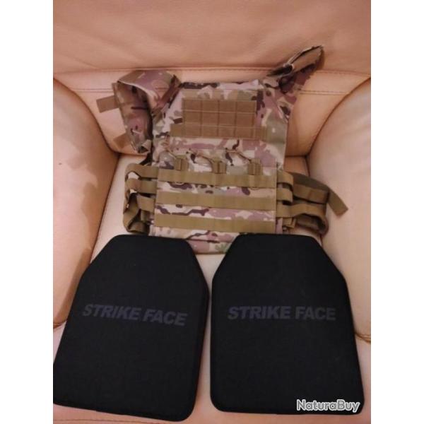 ENCHERE GILET PORTE PLAQUES CAMO MULTICAM AVEC PLAQUES BALISTIQUE KEVLAR NIJ 3A
