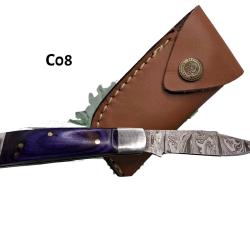 C08 - Couteau damas manche bois bleu profond + &eacute;tui cuir