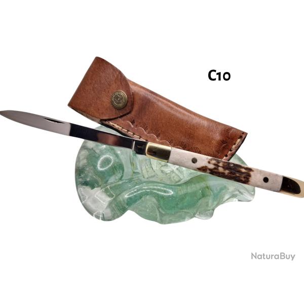 C10 - Couteau pliant manche bois de cerf + �tui cuir