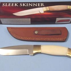 Couteau De Chasse Skinner Manche Os Fa&ccedil;on Ivoire Lame Acier 3Cr13 Etui Cuir