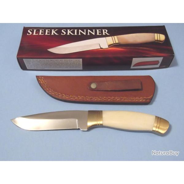 Couteau De Chasse Skinner Manche Os Fa�on Ivoire Lame Acier 3Cr13 Etui Cuir