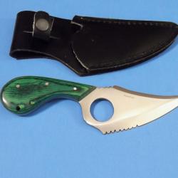 Couteau &agrave; D&eacute;pecer Petit Gibier Manche Bois Green Lame Acier Inox Etui Cuir