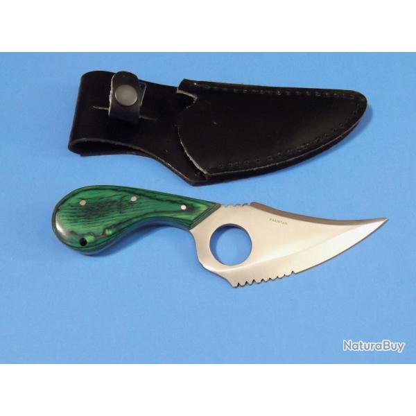 Couteau � D�pecer Petit Gibier Manche Bois Green Lame Acier Inox Etui Cuir