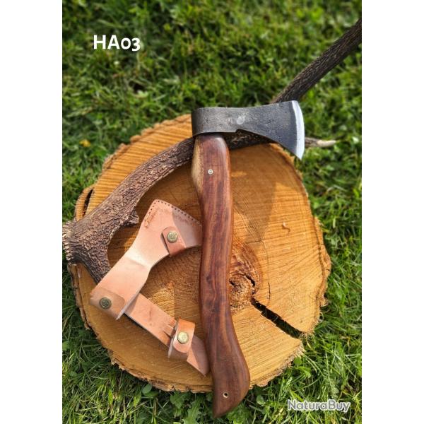 HA03 - Hache bushcraft  40 cm - acier finition brute - manche bois - �tui cuir