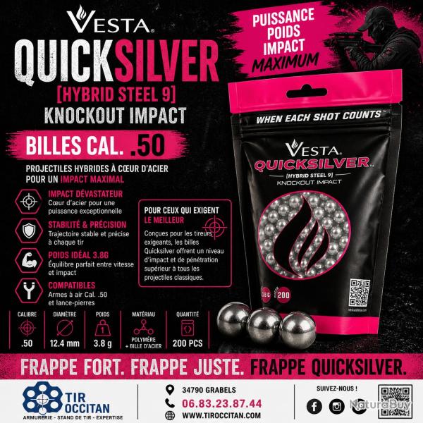 Billes VESTA Quicksilver calibre .50 - x200 projectiles hybrides coeur acier