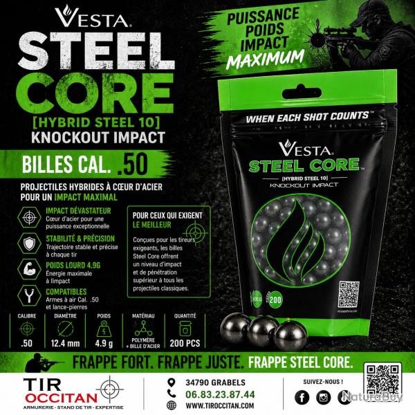 Billes VESTA Steel Core calibre .50 - x200 projectiles lourds coeur acier