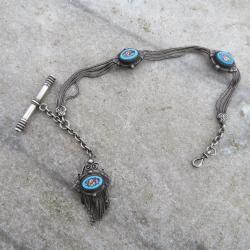 Ancienne Ch&acirc;telaine argent avec micro mosa&iuml;que &agrave; d&eacute;cor de  fleurs avec sa cl&eacute; montre - FRANCE (XIX&eacute;)