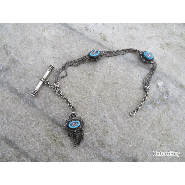 Ancienne Ch�telaine argent avec micro mosa�que � d�cor de  fleurs avec sa cl� montre - FRANCE (XIX�)