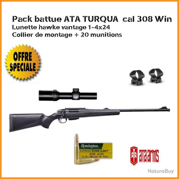 Pack battue ATA TURQUA NOIRE BUSC R�GLABLE CAL 308 WIN + lunette hawke 1-4x24 Montage bas