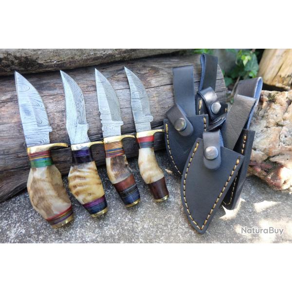 LOT DE 4 Couteau Skinner Damas Lame 256 Couches Manche Corne Blonde de B�lier Fab Artisanale Etui