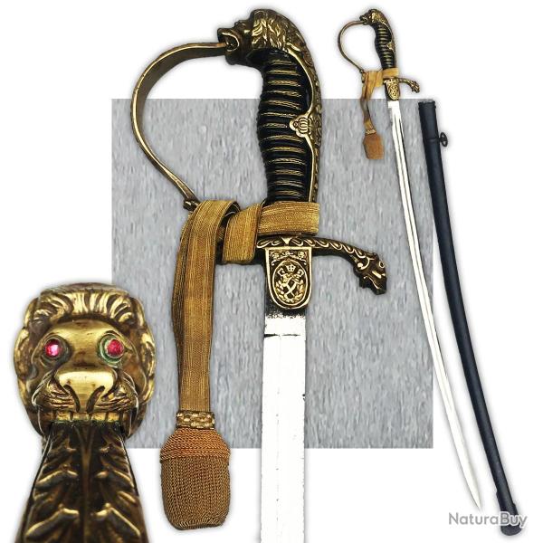 RARISSIME & BEAU SABRE D'OFFICIER PRUSSIEN ALLEMAND - TETE DE LION - YEUX RUBIS KAISER XIX ORIGINAL