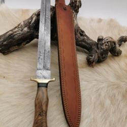 Belle dague lame damas 256 Couches manche Bois olivier &eacute;tui cuir 54cm lame 39cm FROST CUTLERY USA
