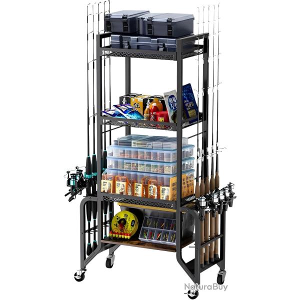Support de Cannes � P�che 10 Emplacements - Chariot Mobile � Roulettes avec �tag�res de Rangement