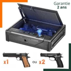 Coffre-fort biom&eacute;trique pour 2 armes de poing, Eclairage bleu, mode silencieux, mousse de protection