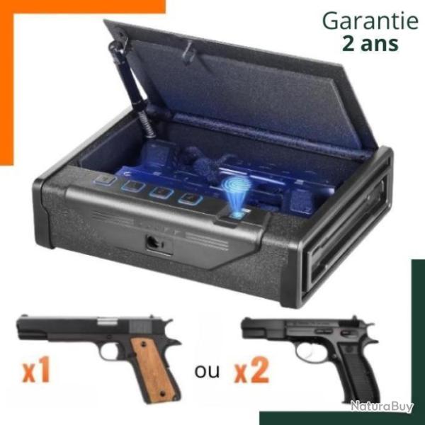 Coffre-fort biom�trique pour 2 armes de poing, Eclairage bleu, mode silencieux, mousse de protection