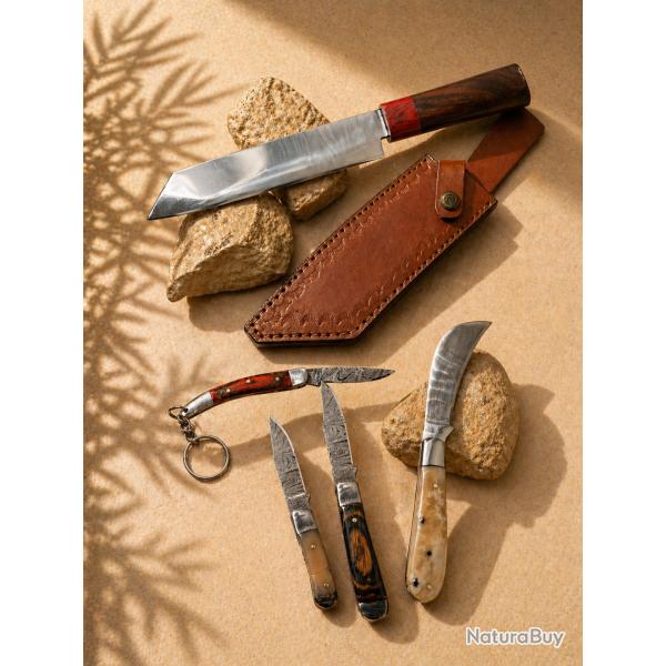 LO02 - Lot 5 couteaux cuisine & barbecue - acier travaill� - manches bois - �tui