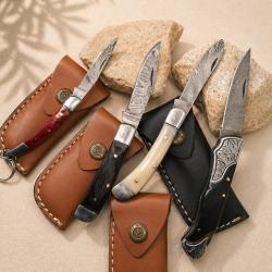 LO06 Lot 5 couteaux cuisine barbecue acier manches bois &eacute;tuis cuir