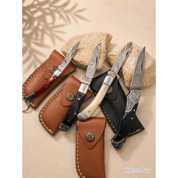 LO06 Lot 5 couteaux cuisine barbecue acier manches bois �tuis cuir
