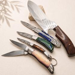 LO07 Lot 5 couteaux cuisine barbecue double lame manches bois &eacute;tuis cuir