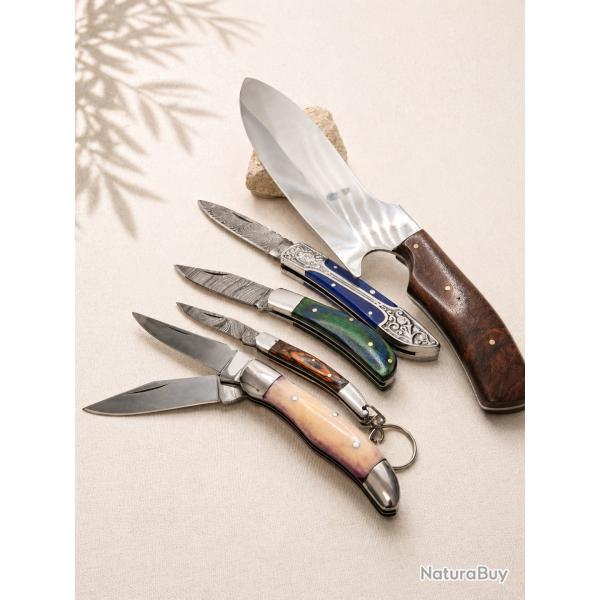 LO07 Lot 5 couteaux cuisine barbecue double lame manches bois �tuis cuir