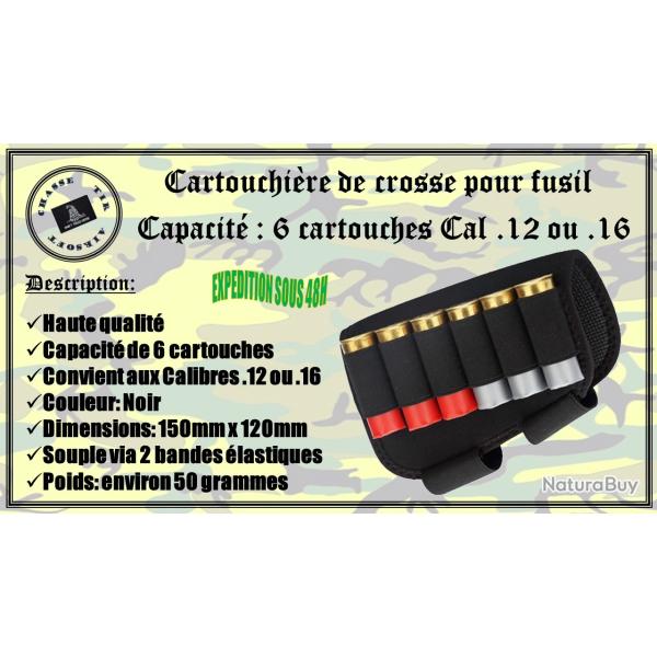 Cartouchi�re de crosse pour fusil de capacit� 6 cartouches calibre .12 ou .16