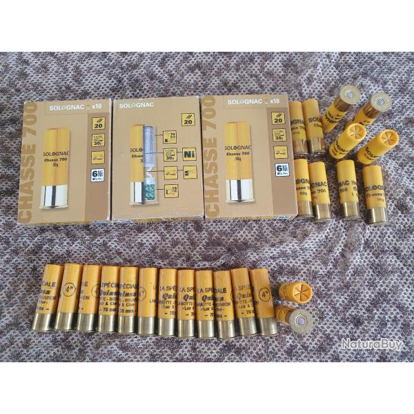 lot de 44 cartouches cal 20 /70 BOURRE A JUPE de marque SOLOGNAC et QUINSA � plomb nickel� 4 et 6