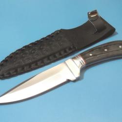 Couteau De Chasse Bushcraft Wild Deer Hunter Lame Acier 1055 Carbone Manche Bois Noir Housse Cuir