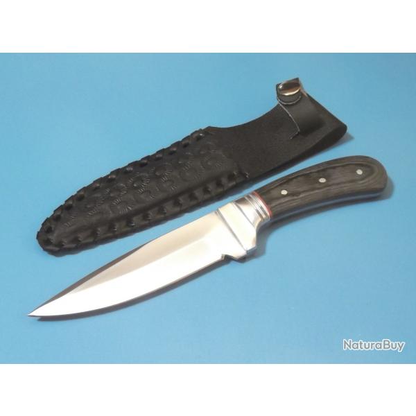 Couteau De Chasse Bushcraft Wild Deer Hunter Lame Acier 1055 Carbone Manche Bois Noir Housse Cuir
