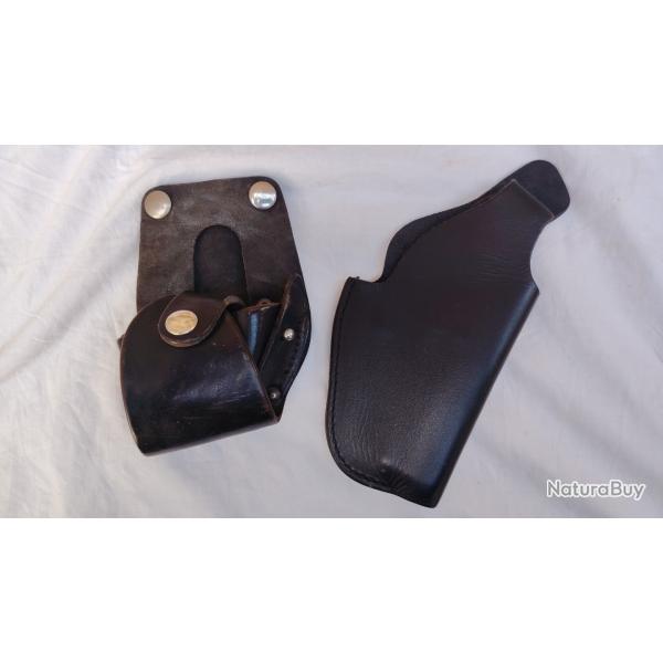 �tui revolver manurhin + �tui � menottes en cuir noir superbe �tat