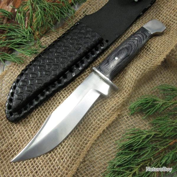 Couteau Poignard Tiger Skinner Lame Acier Carbone 1055 Manche Pakkawood Noir Housse Cuir