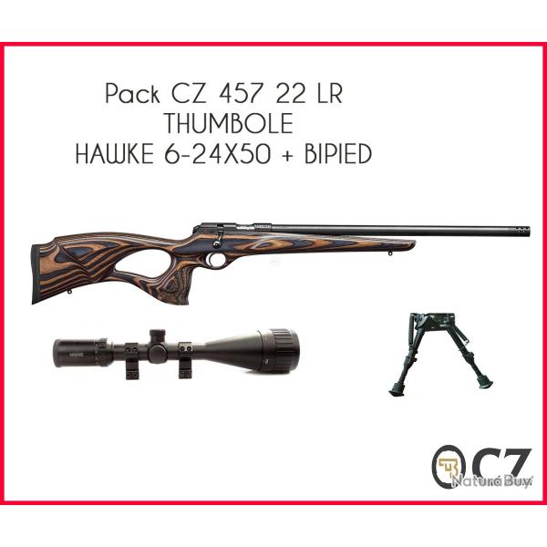 Pack CZ 457 Thumbole, lunette HAWKE 6-24X50, bipied 22 LR