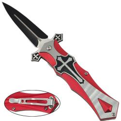 Couteau pliant des Templiers ouverture assist&eacute;e  - manche rouge d&eacute;cor croix 4788f